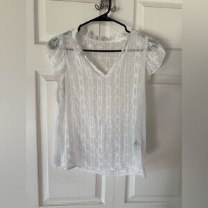 SHEIN White V-Neck Dot-Texture Ruffle Sleeve Blouse